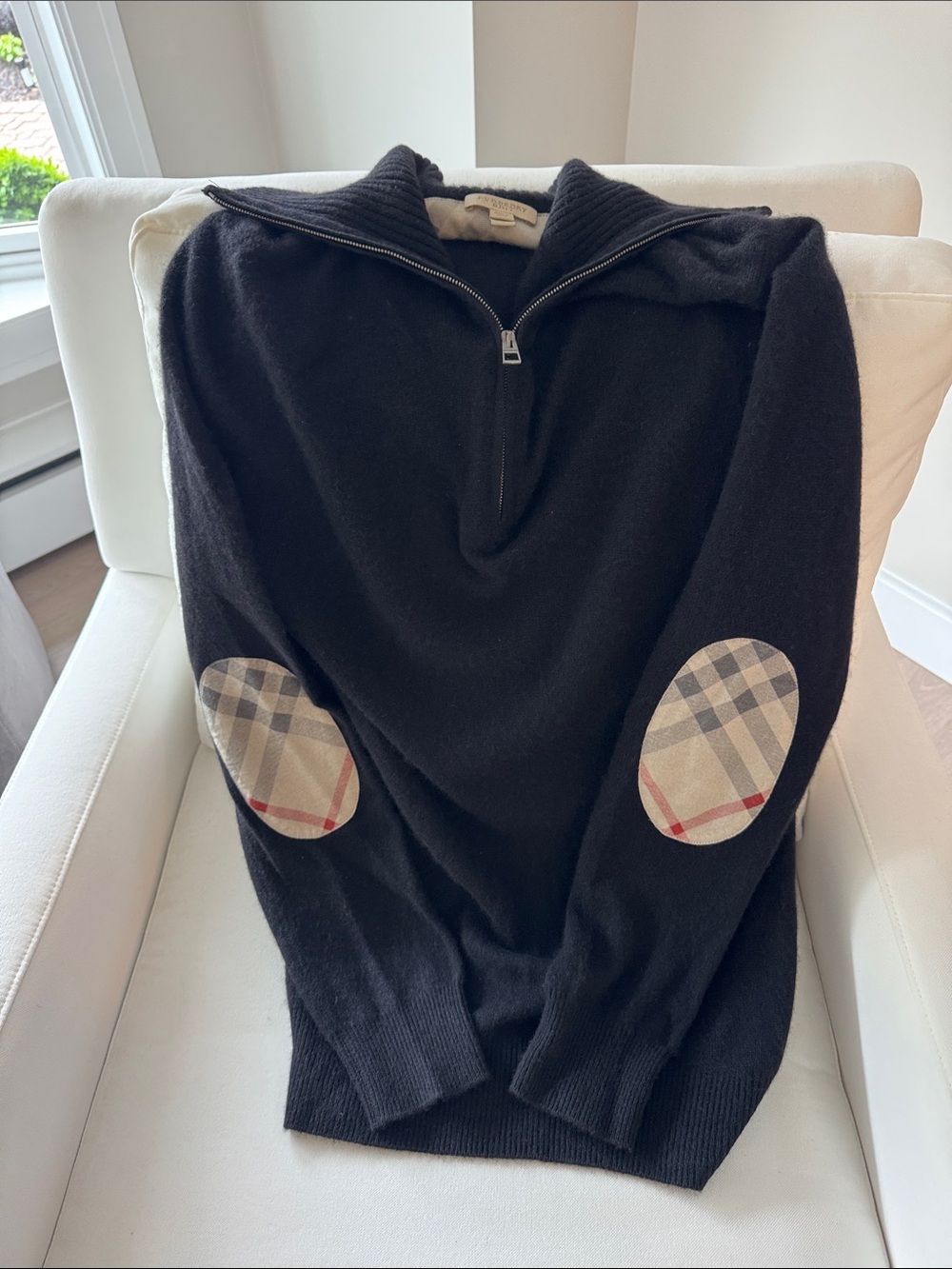 Burberry Black Half-Zip Sweater with Signature Plaid Elbow Patches